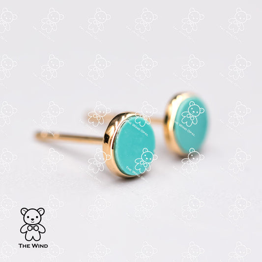 Minimalist Round Shaped Turquoise Stud Earrings 14K Yellow Gold