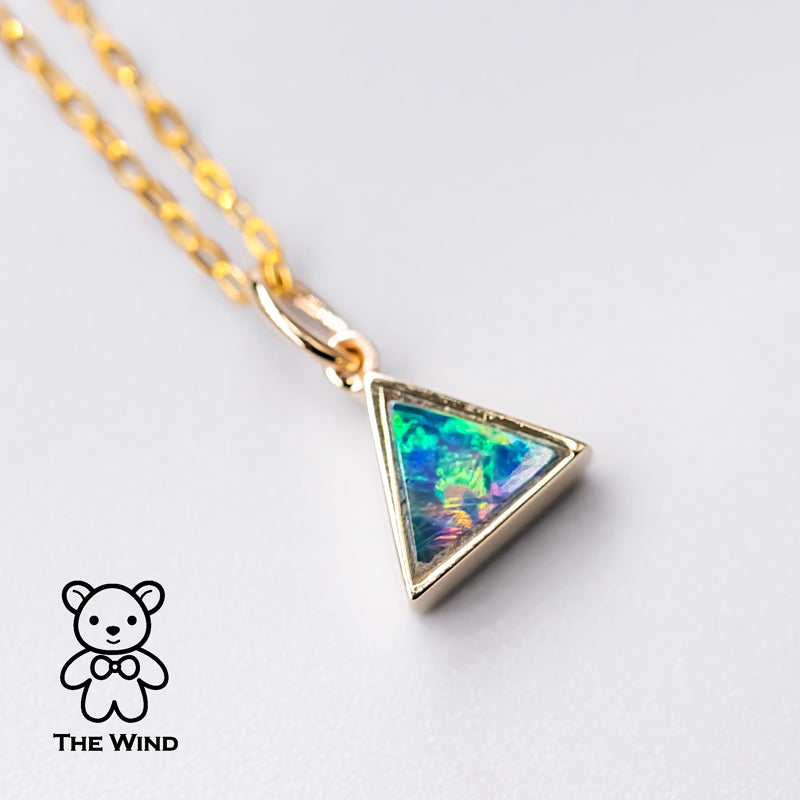 Geometric Triangle Shaped Australian Doublet Opal Pendant 14k Yellow Gold