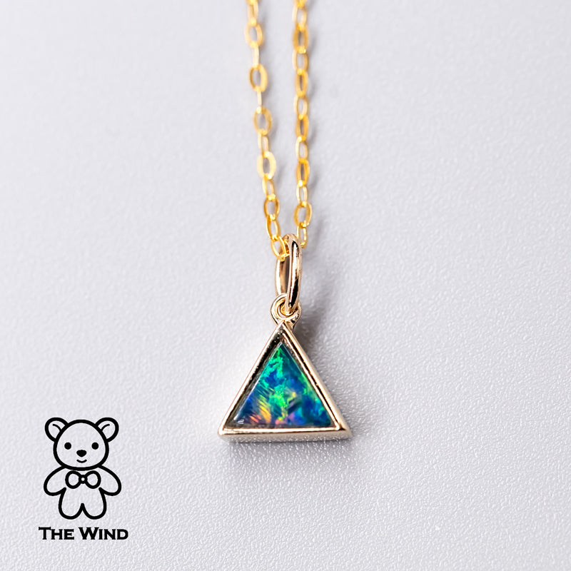 Geometric Triangle Shaped Australian Doublet Opal Pendant 14k Yellow Gold