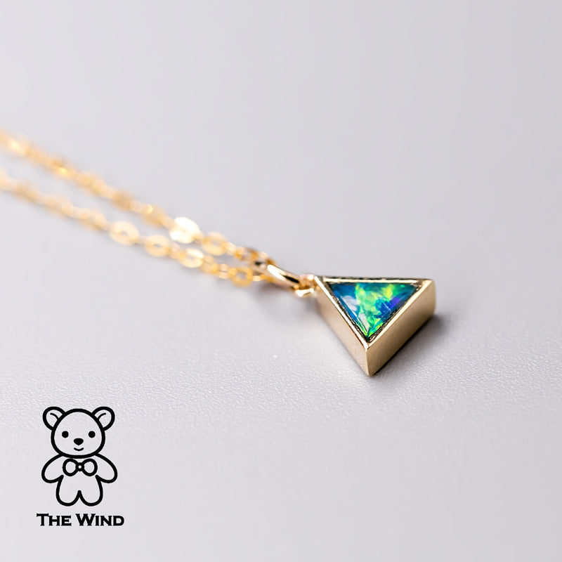 Geometric Triangle Shaped Australian Doublet Opal Pendant 14k Yellow Gold