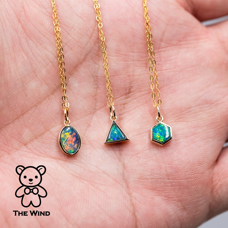 Geometric Triangle Shaped Australian Doublet Opal Pendant 14k Yellow Gold