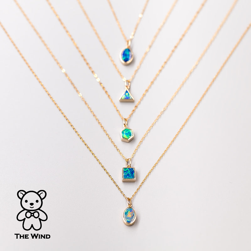 Geometric Oval Shaped Australian Doublet Opal Pendant 14k Yellow Gold