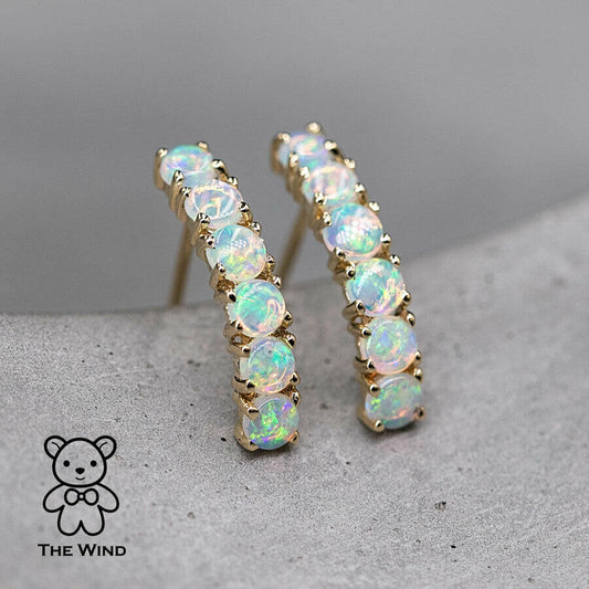 Minimalist Australian Solid Opal Curved Stud Earrings 14K Yellow Gold