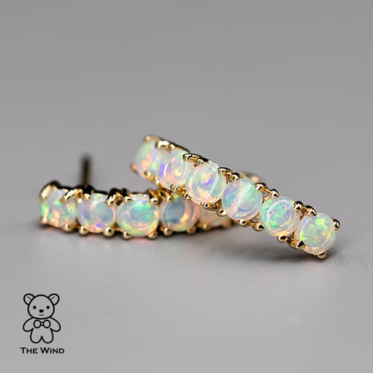 Minimalist Australian Solid Opal Curved Stud Earrings 14K Yellow Gold