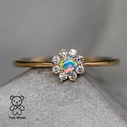 Minimalist Australian Solid Opal Diamond Hola Ring 18K Yellow Gold