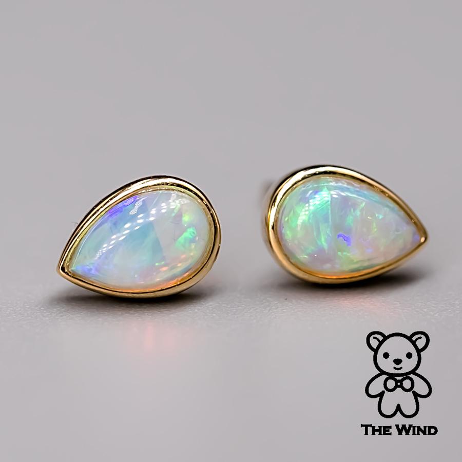 Minimalist Pear Shaped Australian Solid Opal Stud Earrings 14K Yellow Gold
