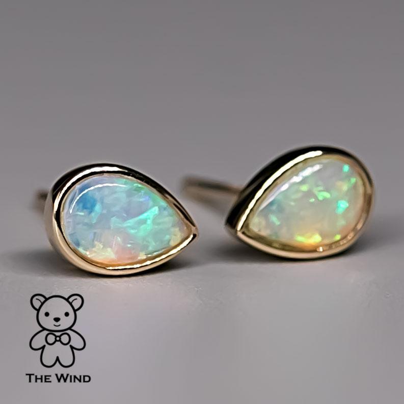 Minimalist Pear Shaped Australian Solid Opal Stud Earrings 14K Yellow Gold