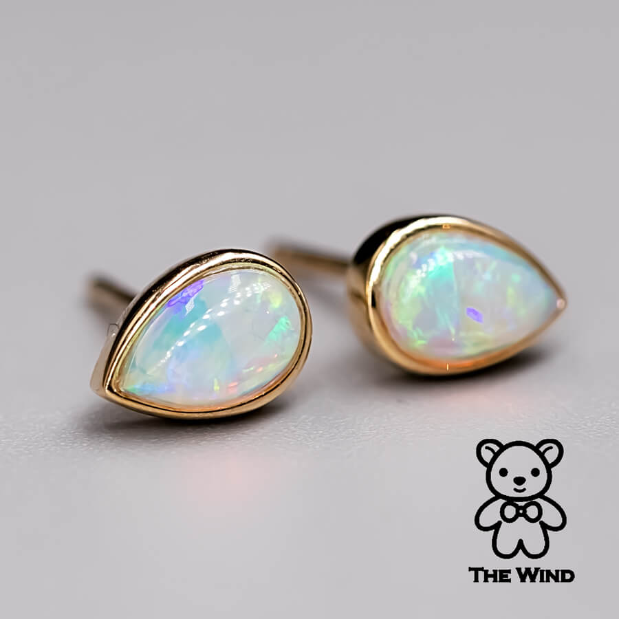 Minimalist Pear Shaped Australian Solid Opal Stud Earrings 14K Yellow Gold