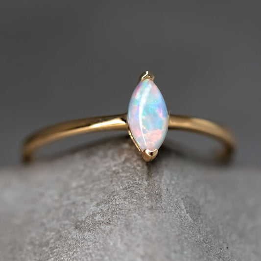 Minimalist Marquise Australian Opal Engagement Ring 14K Yellow Gold