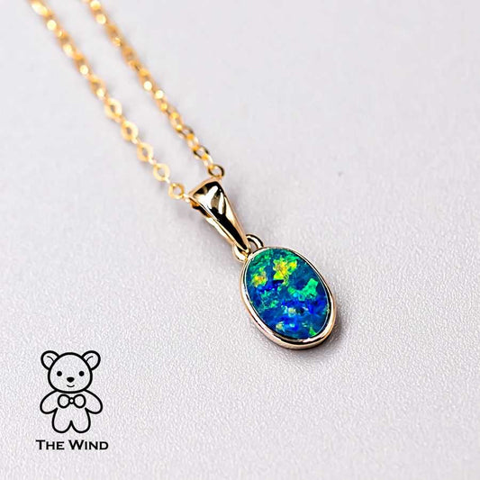 Minimalist Oval Natural Australian Doublet Opal Necklace 14k Yellow Gold