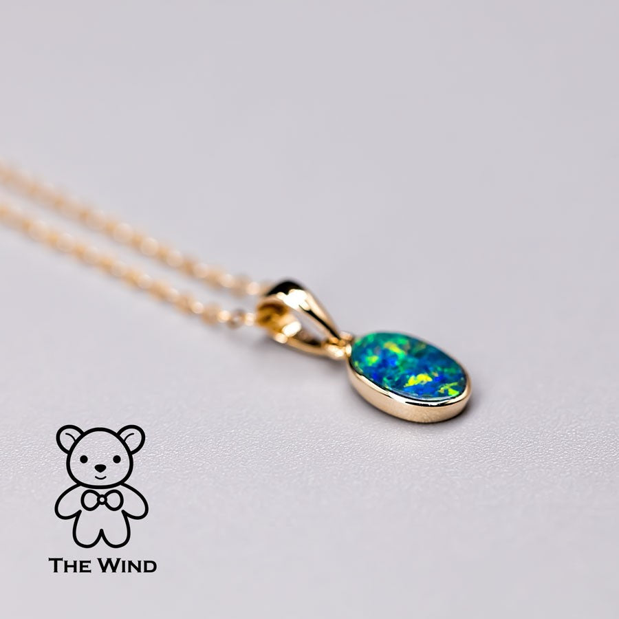 Minimalist Oval Natural Australian Doublet Opal Necklace 14k Yellow Gold