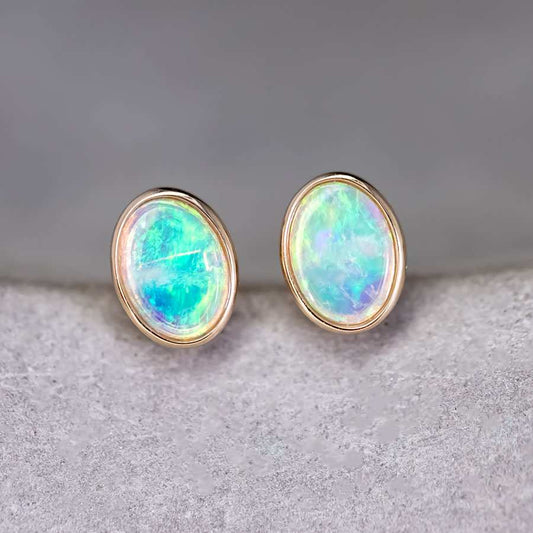 Minimalist Oval Australian Solid Opal Stud Earrings 14k Yellow Gold