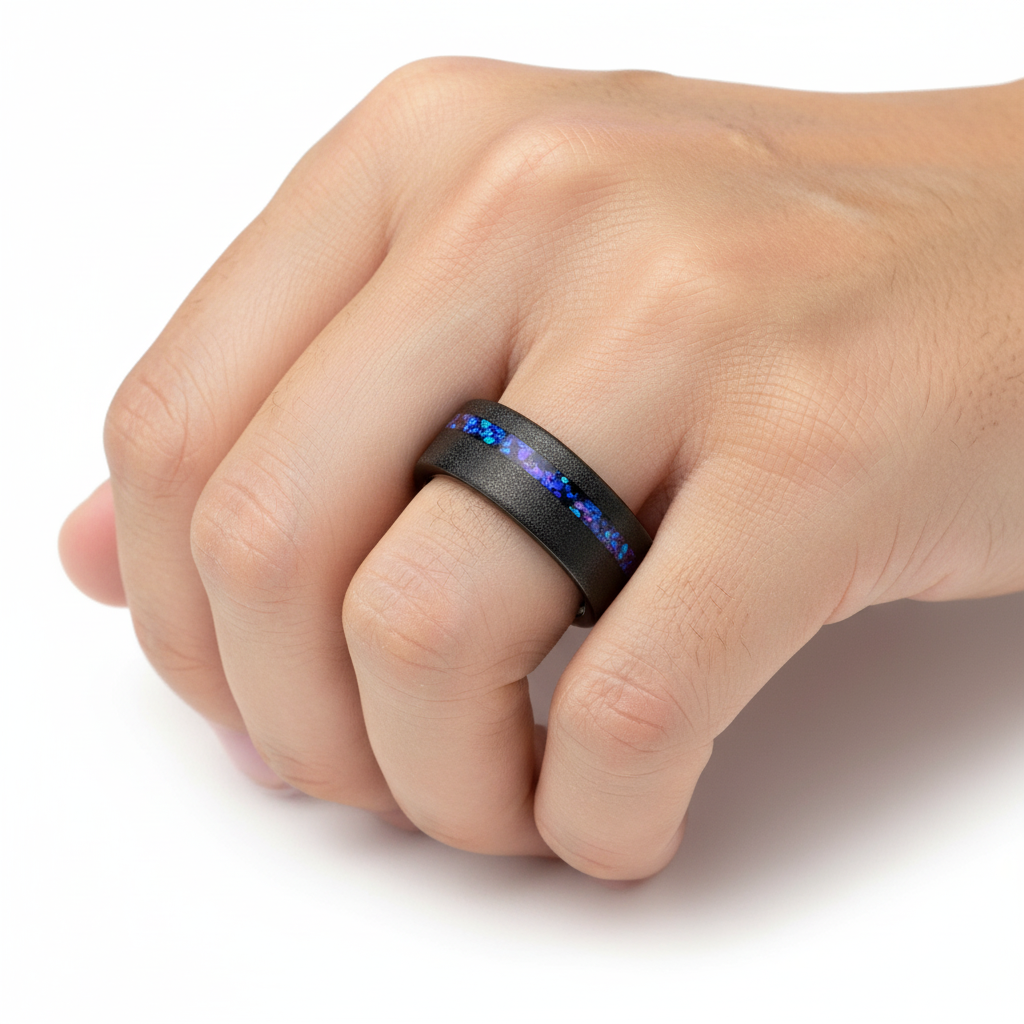 MIRAGE Sandblasted Black Tungsten Ring with Crushed Alexandrite and Dark Blue/Purple Crushed Goldstone – 8mm
