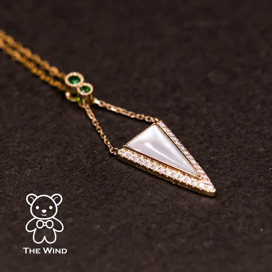 Elegant Triangle Mother of Pearl Diamond Tsavorite Pendant Necklace 18k Yellow Gold