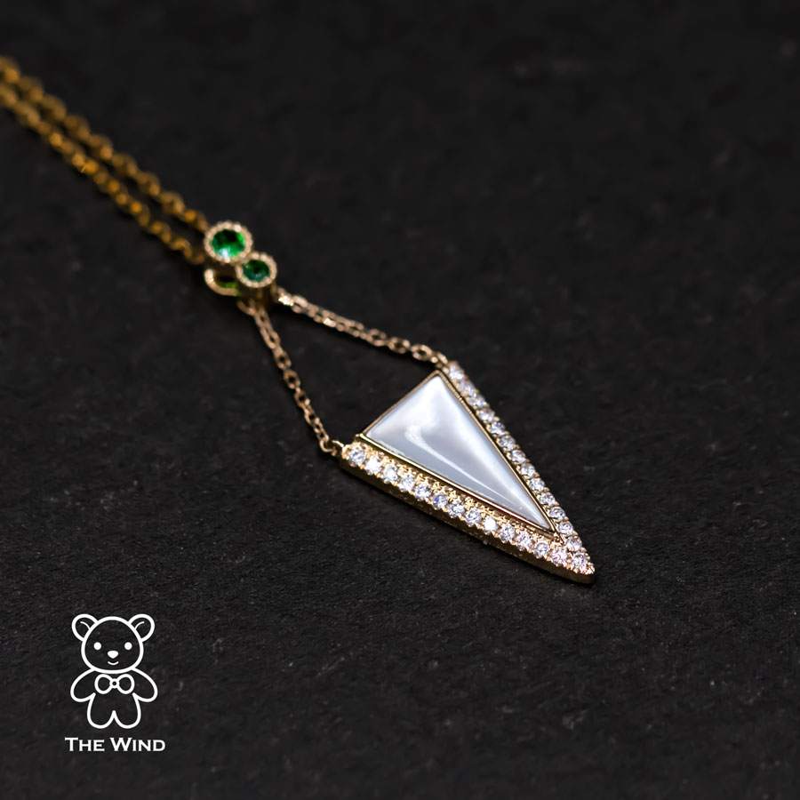 Elegant Triangle Mother of Pearl Diamond Tsavorite Pendant Necklace 18k Yellow Gold