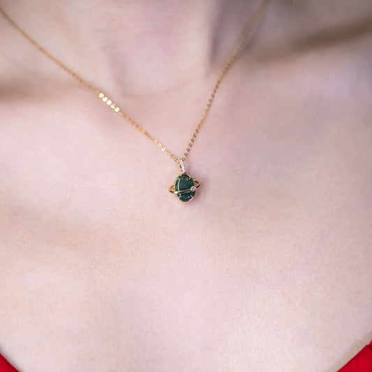 N1 Australian Black Opal & Diamond Earth Moon Necklace 18K Yellow Gold