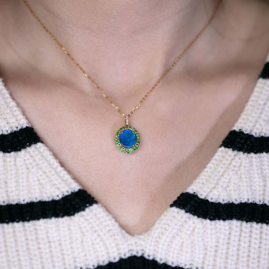 N1 Black Opal Halo Tsavorite Diamond Necklace 18k Yellow Gold