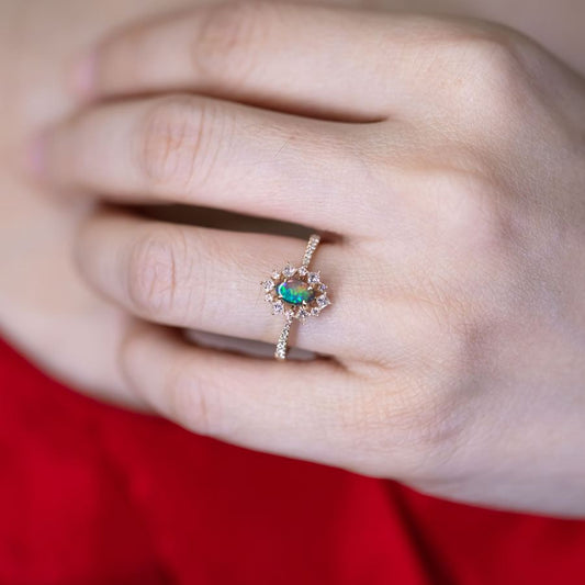 N1 Black Opal  Princess Diamond Halo Engagement Ring 18K Yellow Gold