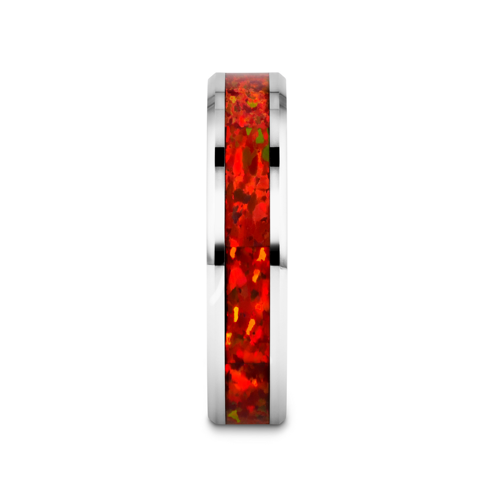 NEBULA Tungsten Wedding Band with Beveled Edges and Red Opal Inlay - 4mm - 8mm