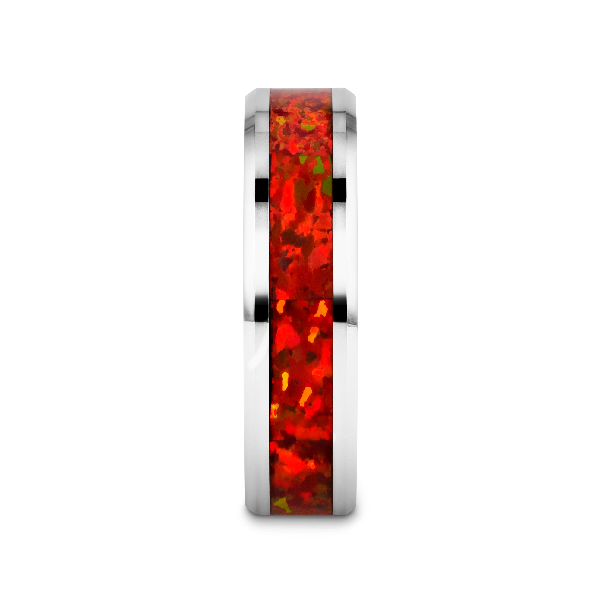 NEBULA Tungsten Wedding Band with Beveled Edges and Red Opal Inlay - 4mm - 8mm