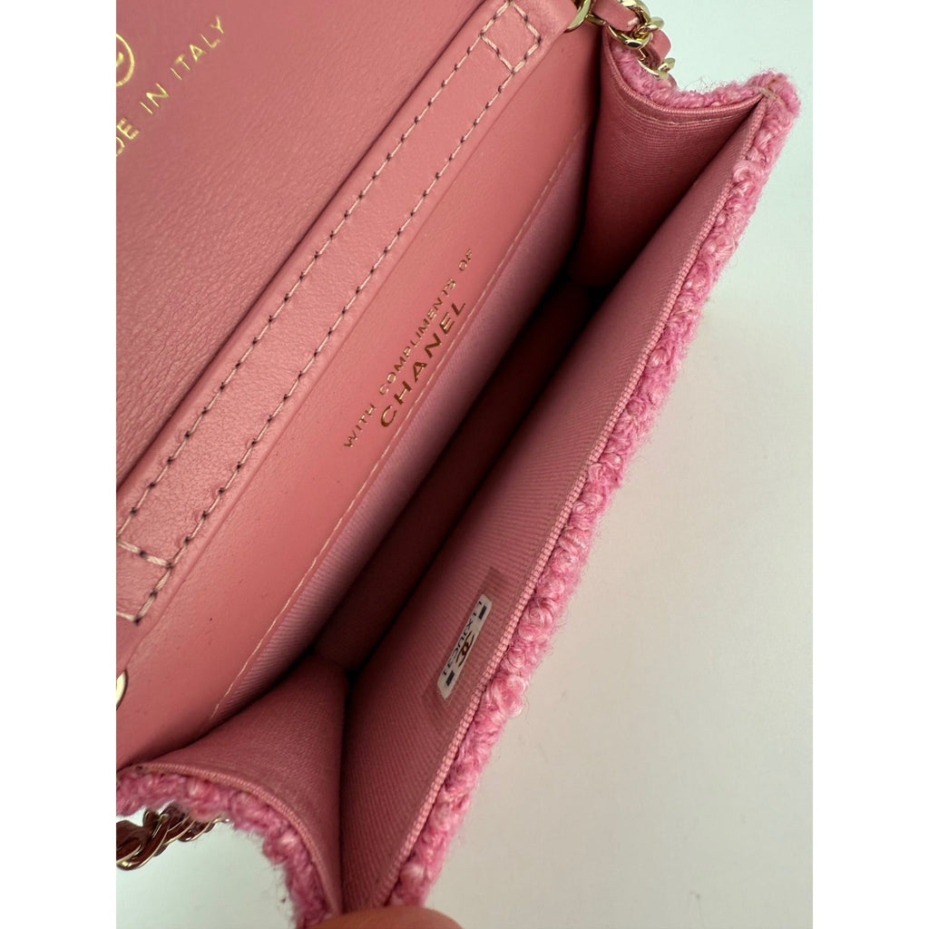 Chanel Tweed Quilted Mini Flap Pink Chain Waist Shoulder Bag