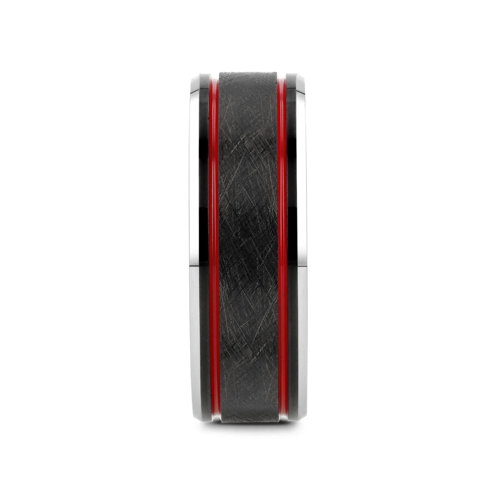 OLIS Wire Finish Black Tungsten Men’s Wedding Band with Double Red Stripes, Polished Beveled Edges – 8mm