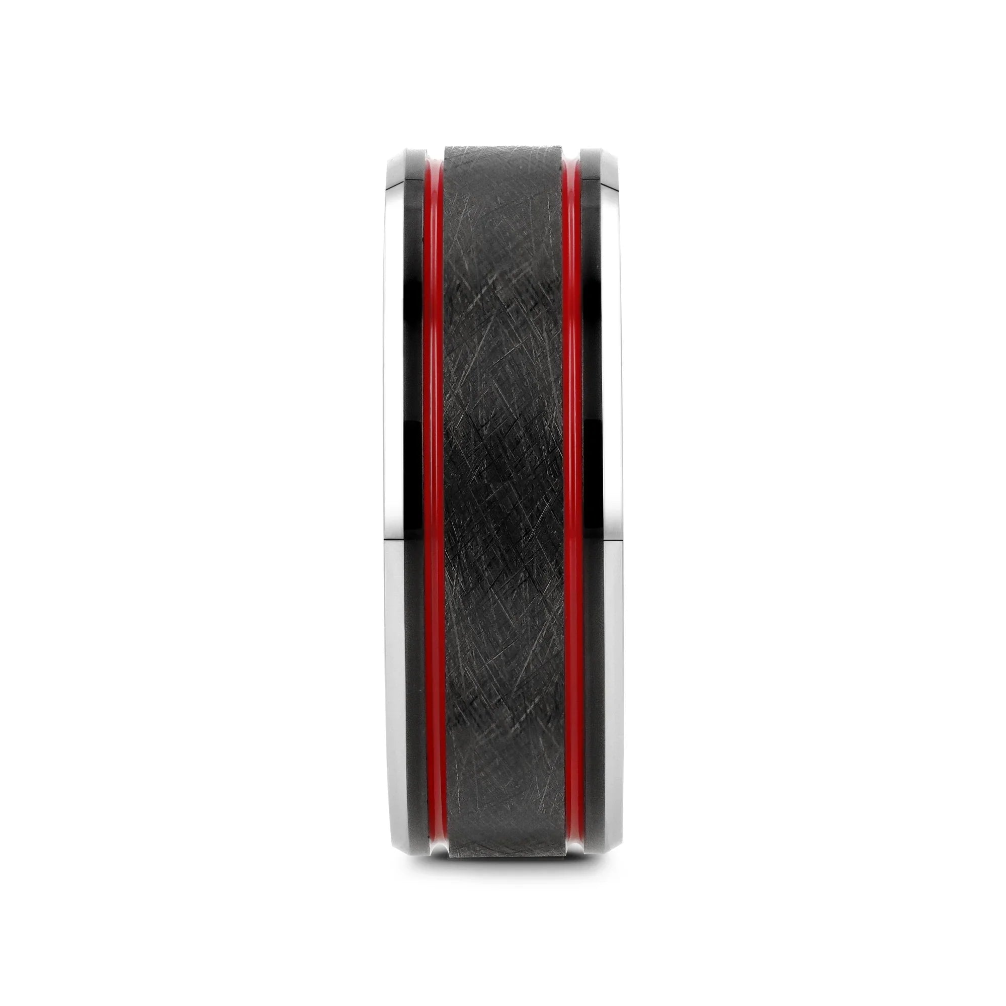 OLIS Wire Finish Black Tungsten Men’s Wedding Band with Double Red Stripes, Polished Beveled Edges – 8mm