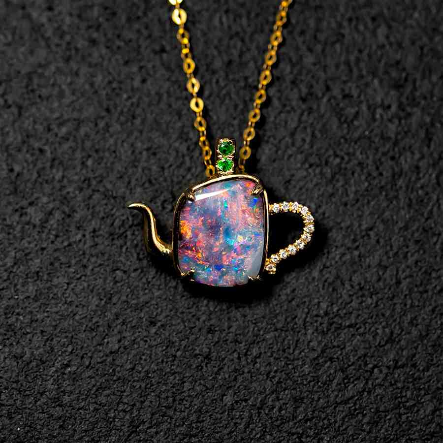 One of Kind Teapot Boulder Opal & Diamond, Tsavorite Necklace 18K Yellow Gold