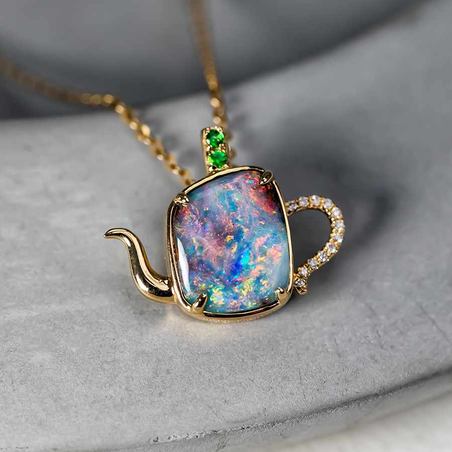 One of Kind Teapot Boulder Opal & Diamond, Tsavorite Necklace 18K Yellow Gold
