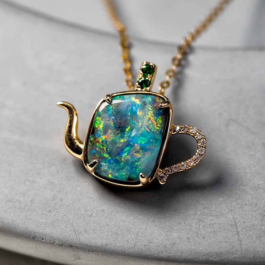 One of Kind Teapot Boulder Opal & Diamond, Tsavorite Necklace 18K Yellow Gold