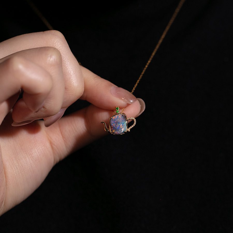 One of Kind Teapot Boulder Opal & Diamond, Tsavorite Necklace 18K Yellow Gold