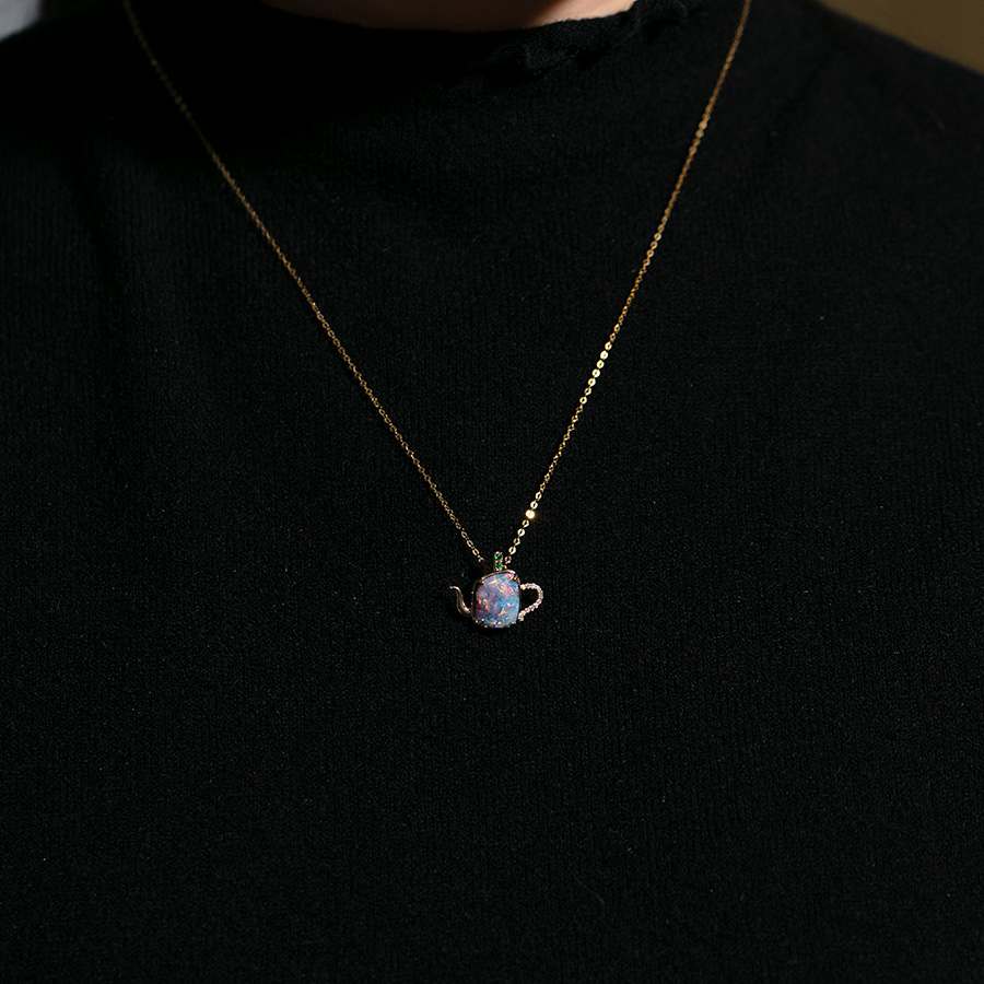 One of Kind Teapot Boulder Opal & Diamond, Tsavorite Necklace 18K Yellow Gold