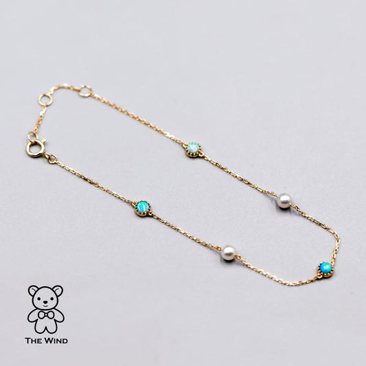 Minimalist Australian Solid Opal & Pearl Bracelet 18k Yellow Gold