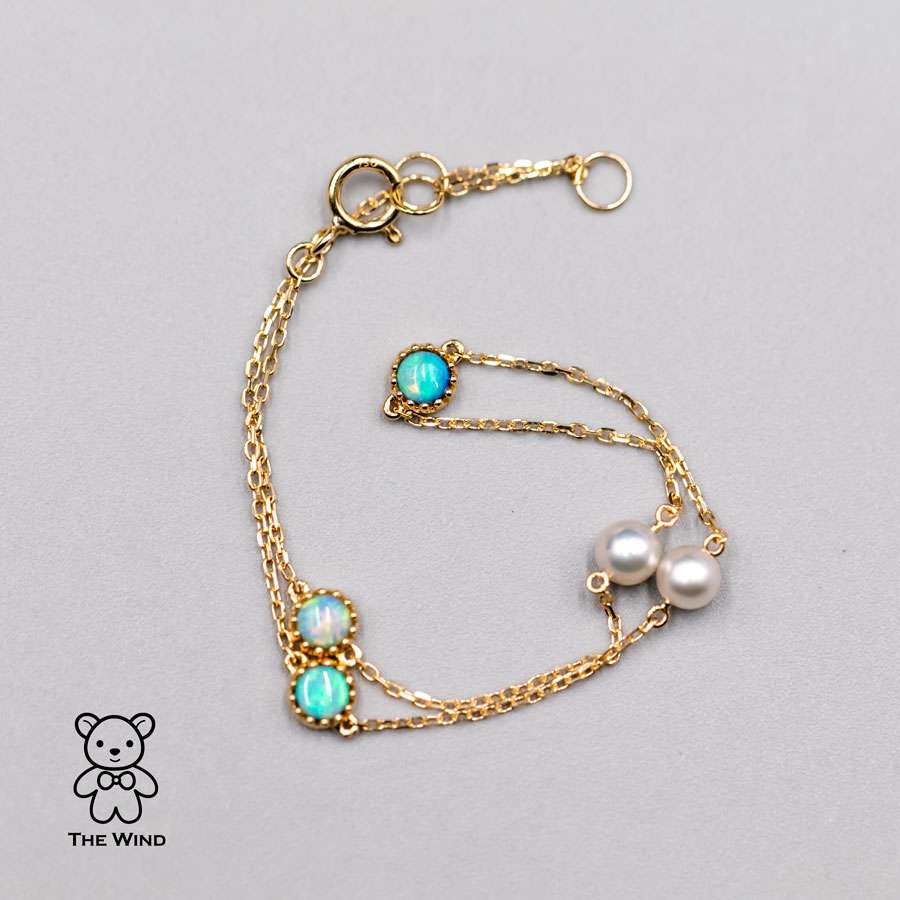 Minimalist Australian Solid Opal & Pearl Bracelet 18k Yellow Gold