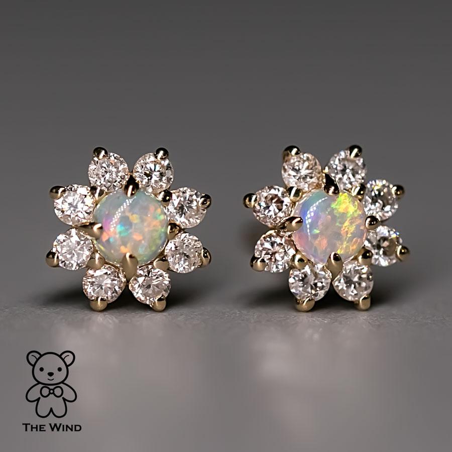 Classic Halo Australian Opal & Diamonds Stud Earrings 14K Yellow Gold