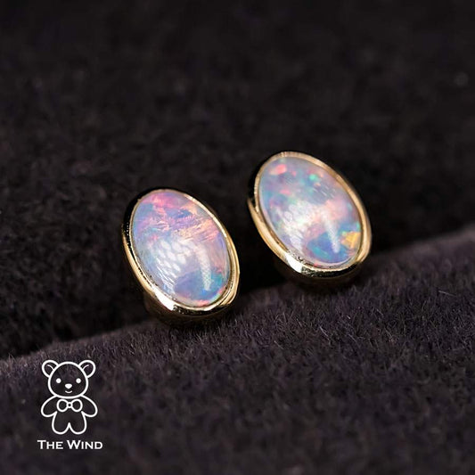 Minimalist Oval Shaped Solid Opal Stud Earrings 14K Yellow Gold