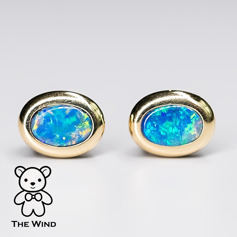 Simple Oval Australian Doublet Opal Stud Earrings 14k Yellow Gold