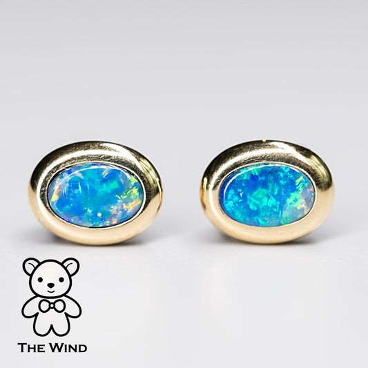Simple Oval Australian Doublet Opal Stud Earrings 14k Yellow Gold