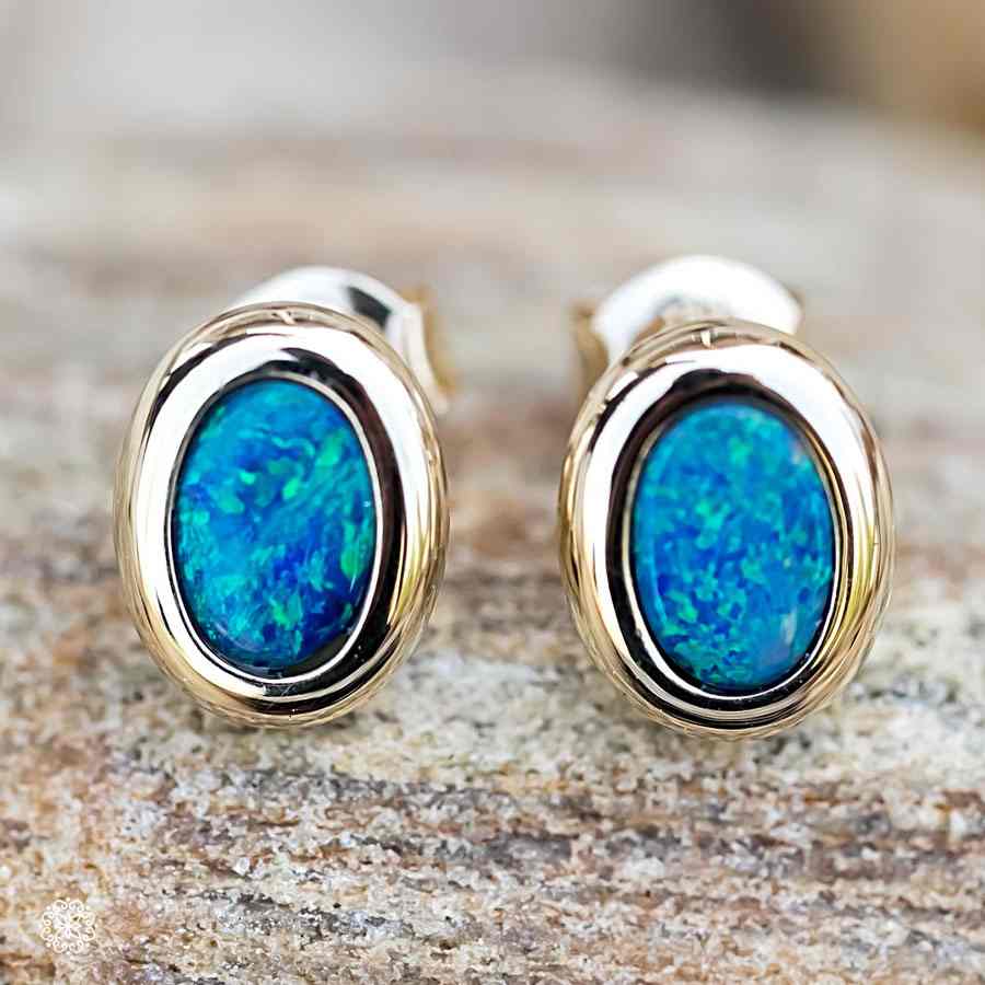 Simple Oval Australian Doublet Opal Stud Earrings 14k Yellow Gold