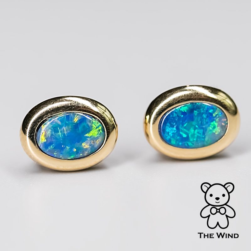 Simple Oval Australian Doublet Opal Stud Earrings 14k Yellow Gold