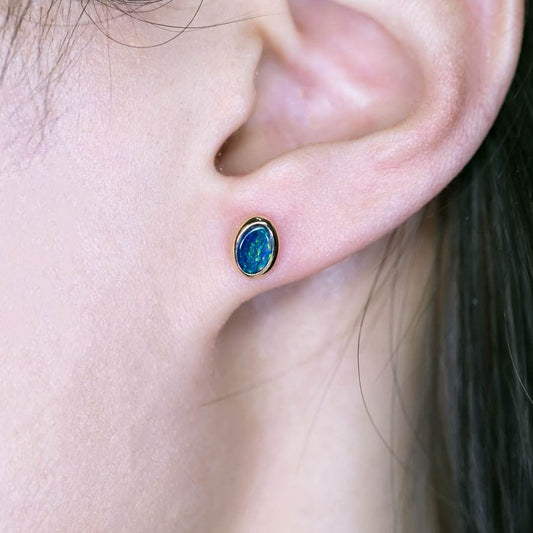 Simple Oval Australian Doublet Opal Stud Earrings 14k Yellow Gold