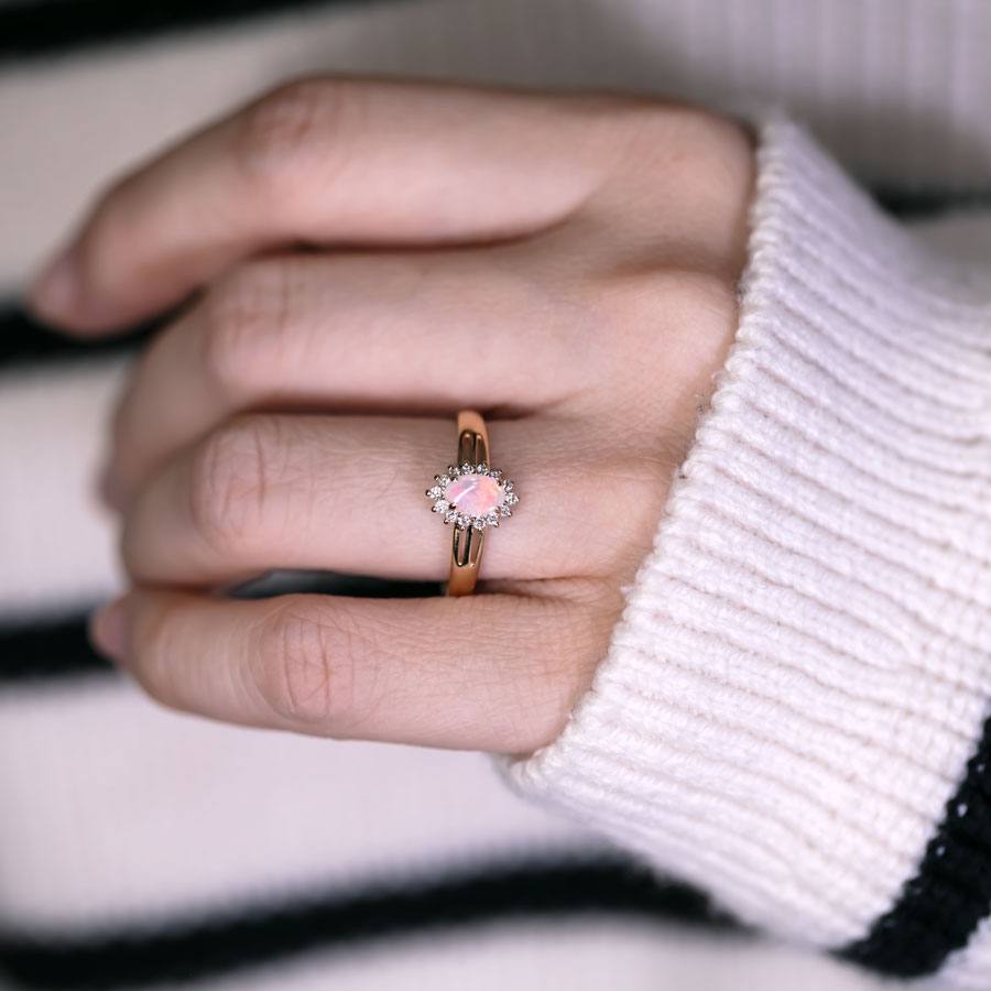 Oval Shaped Australian Solid Opal Diamond Engagement Ring 14K Yellow Gold
