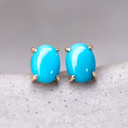 Oval Shaped Turquoise Stud Earrings 14k Yellow Gold