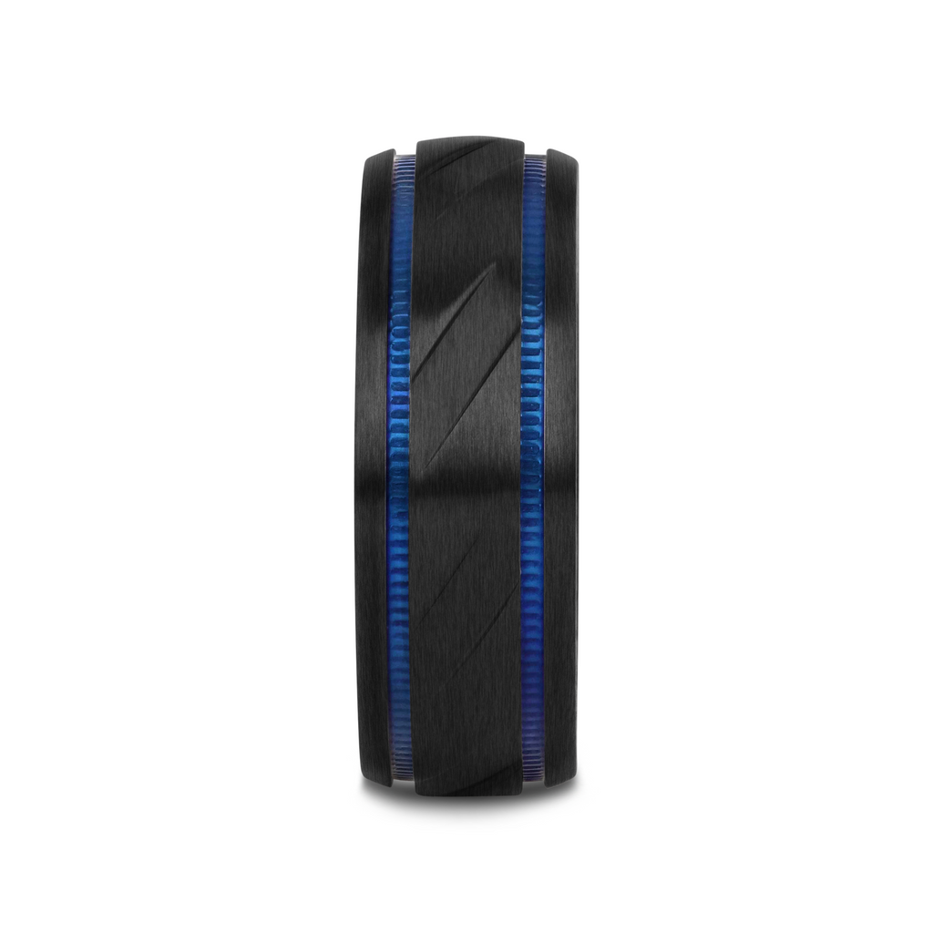 PATROL Black Titanium Carved Diagonal Pattern Brushed Finish Men’s Wedding Ring with Blue Milgrain Grooves – 8mm