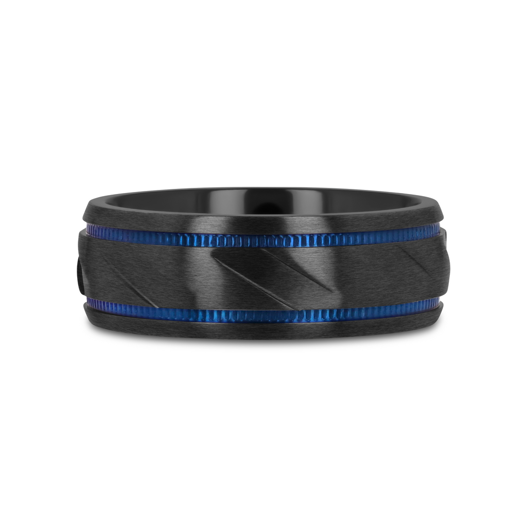 PATROL Black Titanium Carved Diagonal Pattern Brushed Finish Men’s Wedding Ring with Blue Milgrain Grooves – 8mm
