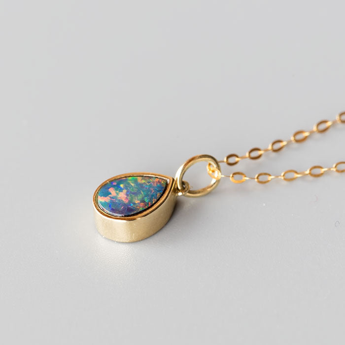 Geometric Pear Shaped Australian Doublet Opal Pendant 14k Yellow Gold