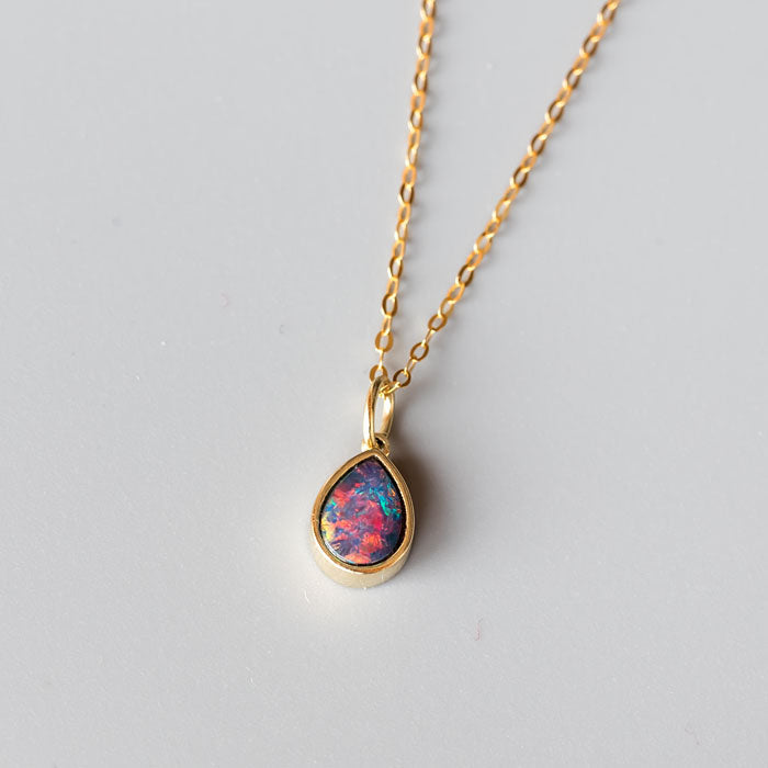Geometric Pear Shaped Australian Doublet Opal Pendant 14k Yellow Gold