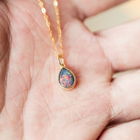 Geometric Pear Shaped Australian Doublet Opal Pendant 14k Yellow Gold