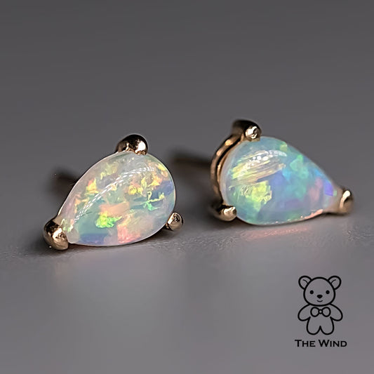 Pear Shaped Australian Solid Opal Stud Earrings 14K Yellow Gold