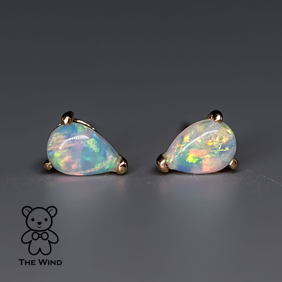 Pear Shaped Australian Solid Opal Stud Earrings 14K Yellow Gold
